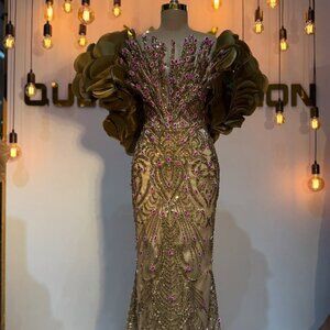 Customized beaded gold dress with pink stones